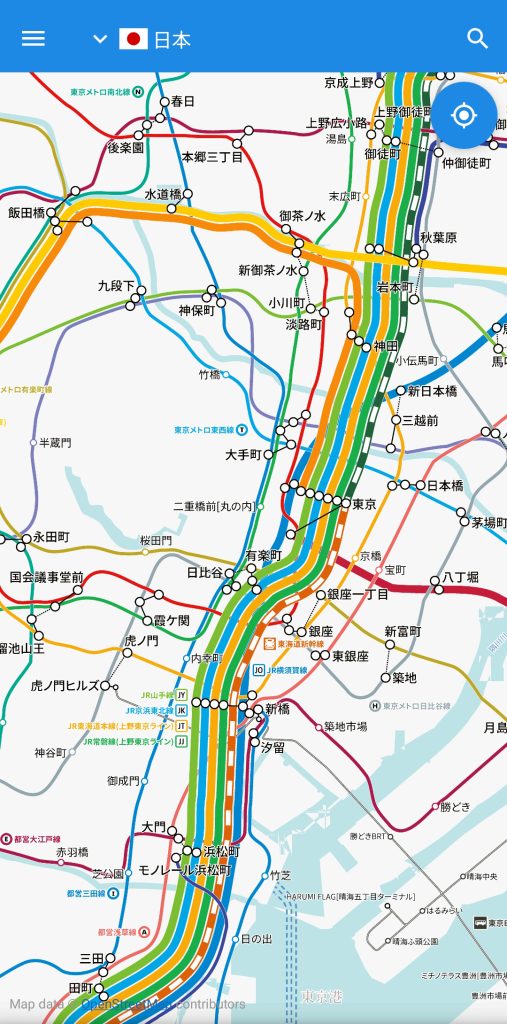 以新「平鋪方式 (v2)」設計的鐵路地圖範例(日本)