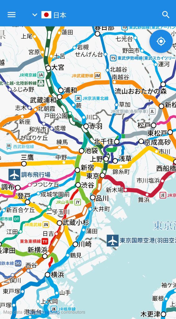 (改進後)縮小到最小放大倍率時的新路線圖顯示範例