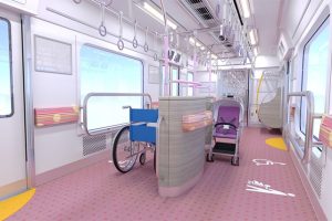 將於2026年初投入商業營運的京王2000系列列車上安裝的「大型自由空間」內部概念圖（京王電鐵提供）