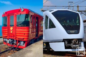 運行在「伊予田物語」特急列車上的JR四國機波185系列柴油列車和運行在“Spacia X”特急列車上的東武N100系列電動列車（東武鐵道提供）