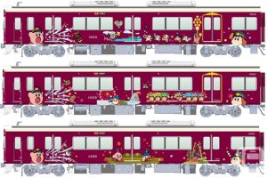阪急電鐵與《星之卡比》合作營運的裝飾列車「星之卡比」車體設計圖（阪急電鐵提供） (c) Nintendo / HAL Laboratory, Inc. (c) Hankyu Corp.